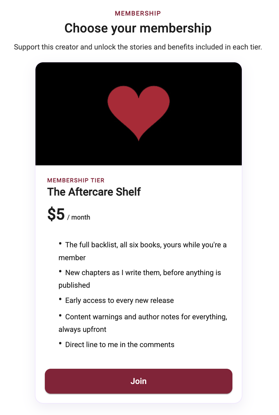 A live membership page with a priced tier and a join button