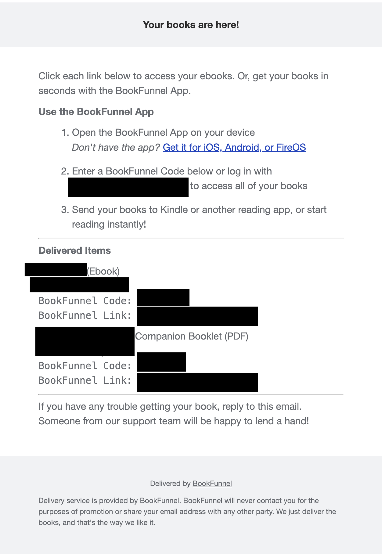 An automated ebook delivery email with the files and access links